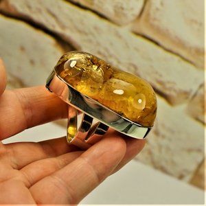 HEAVY HUGE AMBER 925 SILVER ADJUSTABLE RING